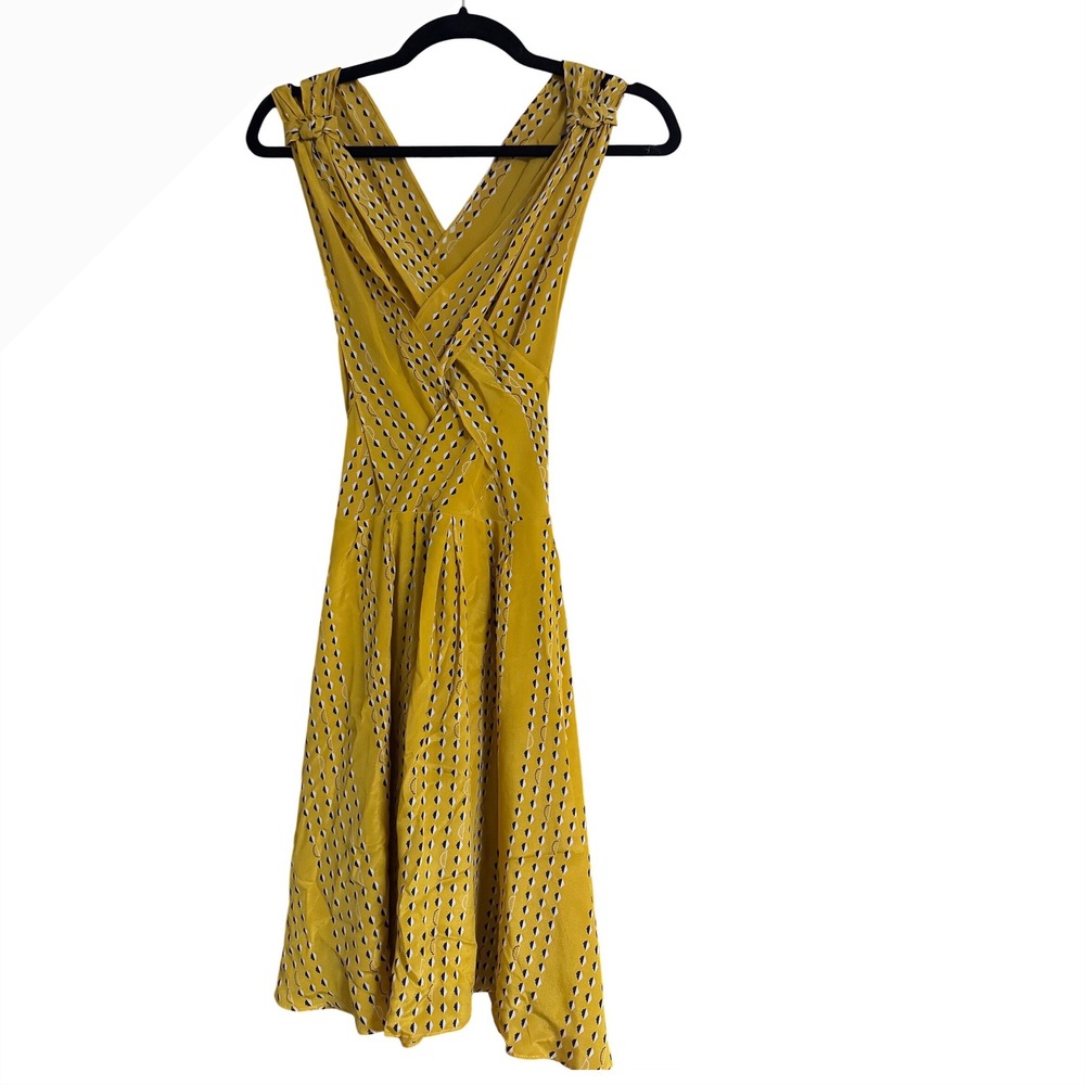 Aijek Yellow Silk Geometric Print Fit & Flare V-Neck Dress Size 4 NWT
